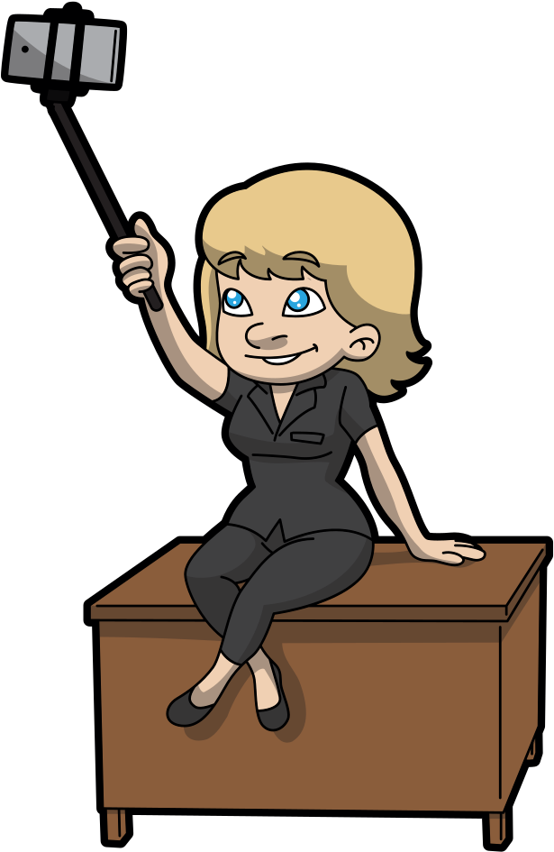 A Cartoon Woman Taking A Selfie Video While Sitting - Sitting On Table Cartoon (717x1024)