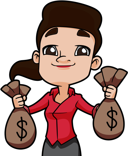 Dark Haired Woman Holding Up Two Bags Full Of Money - Cartoon (621x663)