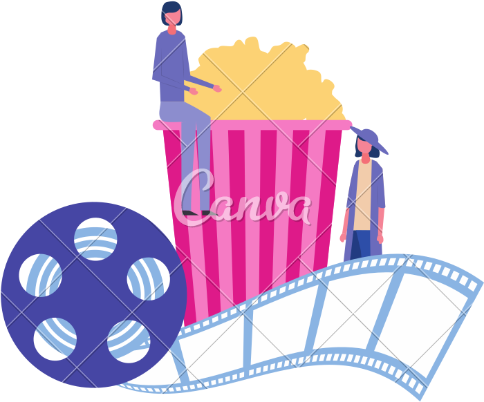 Women Cinema Popcorn Reel Strip Movie Film - Vector Graphics (800x800)