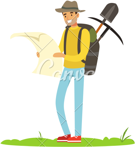 Treasure Seeker With Map And Tools For Digging, Looking - Illustration (800x800)