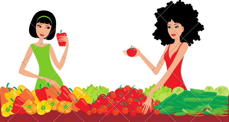 Two Women Buy Vegetables - Lady Buying Vegetables Vector (800x428)