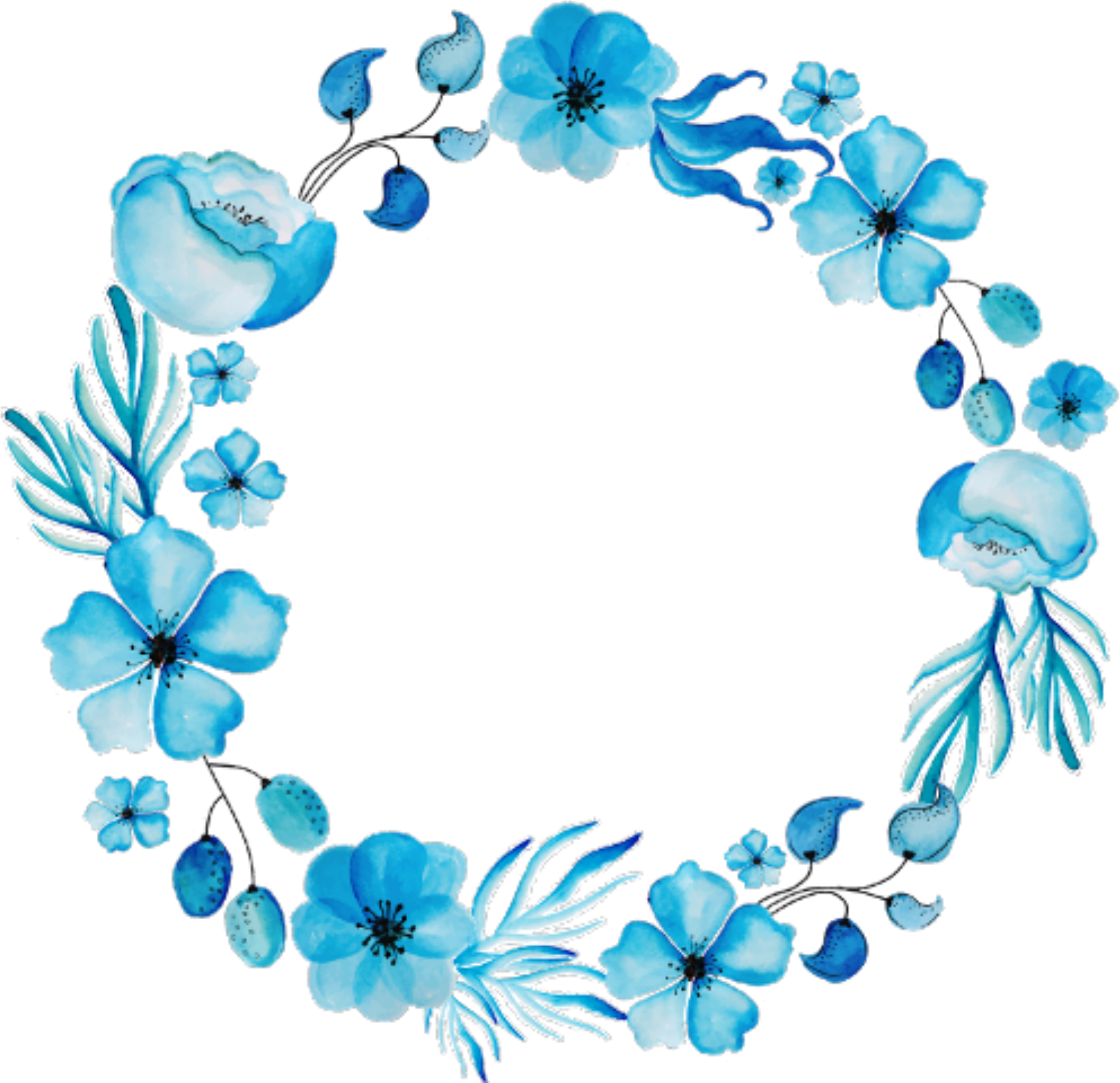 Ftestickers Flowers Frame Circle Watercolor Blue - Blue Flower Wreath Png (2000x1924)
