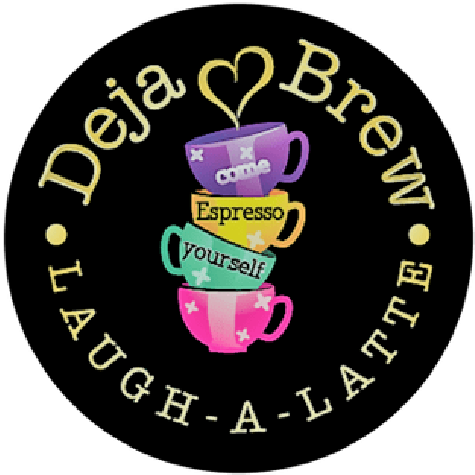 Deja Brew Laugh A Latte - Badge (498x500)