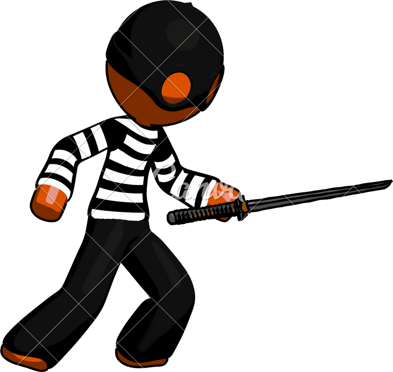 Orange Thief Man Stabbing With Ninja Sword Katana - Cartoon (800x758)