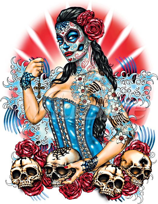 Day Of The Dead Pinup With Skulls And Roses - Day Of The Dead Pinup (675x675)
