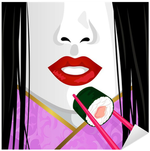Close Up On Face Of Japanese Woman Eating Sushi Sticker - Illustration (400x400)