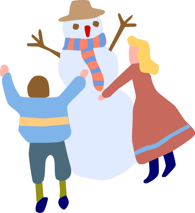 Vector Illustration Of Children Building Snowman Anthropomorphic - Illustration (642x700)