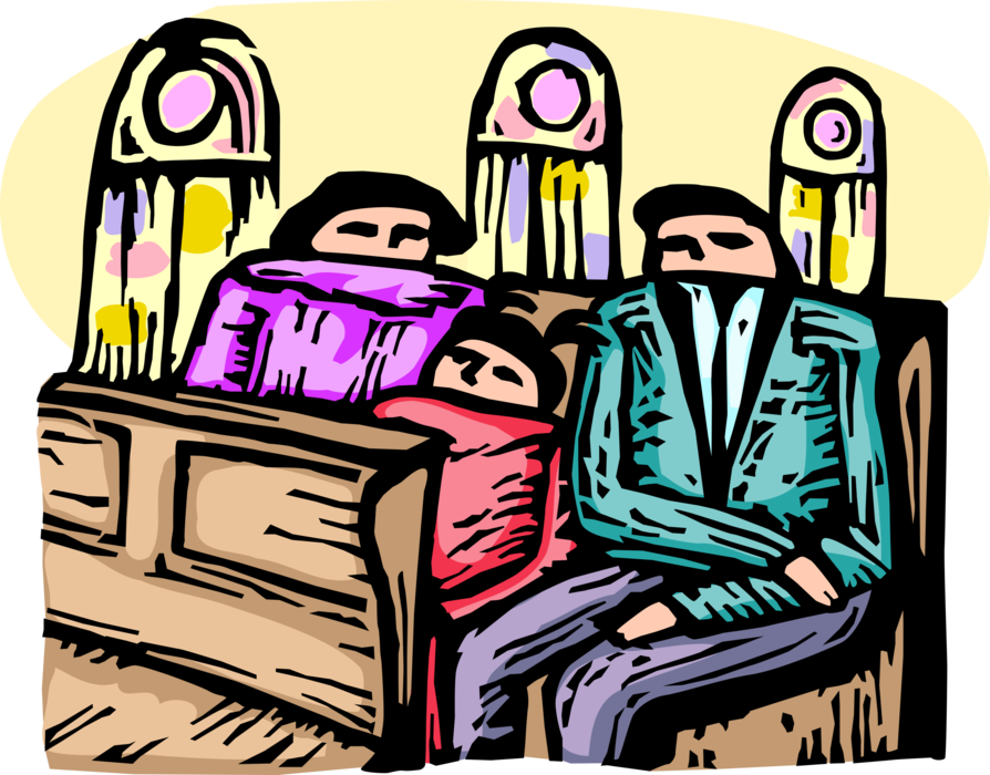 Vector Illustration Of Family Parishioners Sit In Church - Vector Illustration Of Family Parishioners Sit In Church (894x700)