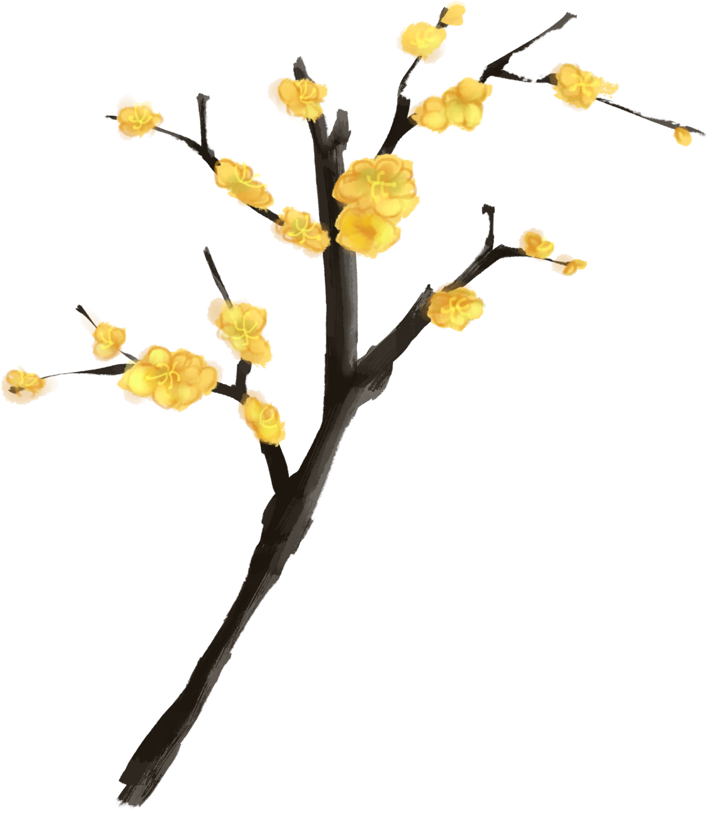 Ink Plum Winter Moon Hand Painted Yellow Branches Png - Twig (2000x2000)