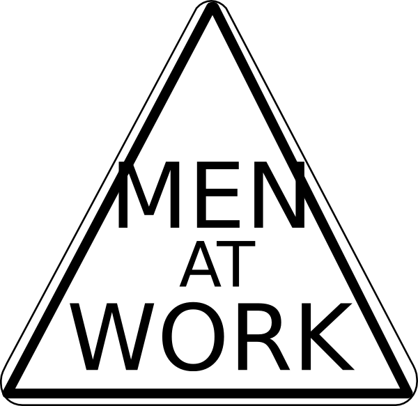 Men At Work Sign Black And White (600x583)