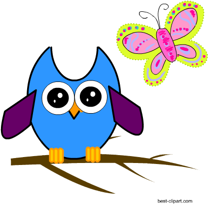 Cute Owl And A Butterfly Free Clip Art Png Image - Clip Art (450x450)