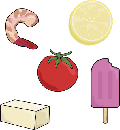 A Drawing Of A Shrimp, Lemon Slice, Tomato, Stick Of - A Drawing Of A Shrimp, Lemon Slice, Tomato, Stick Of (416x450)
