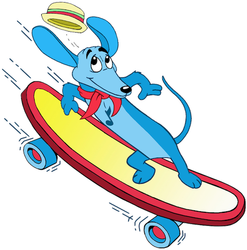 Longfellow Blue Wiener Dog On Skateboard - Cartoon (500x511)