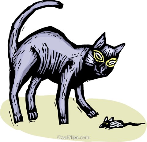 Black Cat Playing With A Mouse Royalty Free Vector - Domestic Short-haired Cat (480x464)