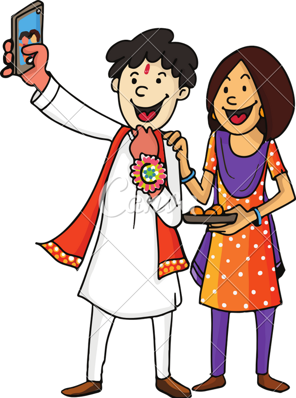 Brother And Sister Taking Selfie - Cartoon Drawing On Raksha Bandhan -  (596x800) Png Clipart Download