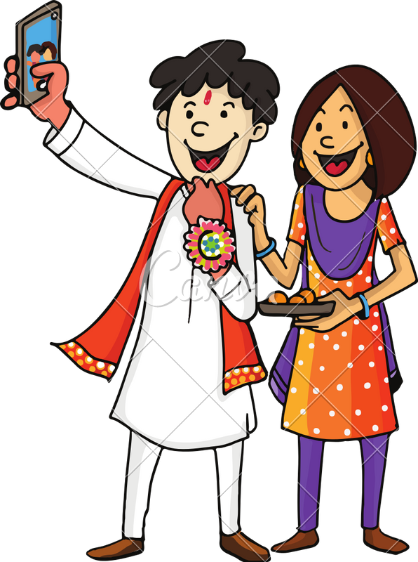 Brother And Sister Taking Selfie - Cartoon Drawing On Raksha Bandhan (596x800)