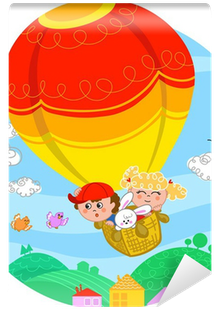 Two Cute Children And A White Bunny Flying In Hot Air - Hot Air Balloon Children (400x400)