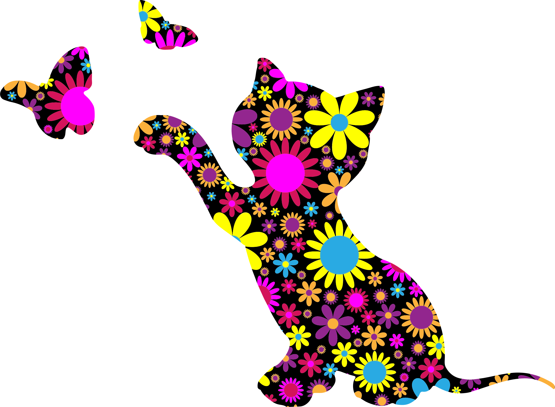 Floral Kitten Playing With Butterflies Silhouette - Clipart Flowers And Butterflies (2328x1708)
