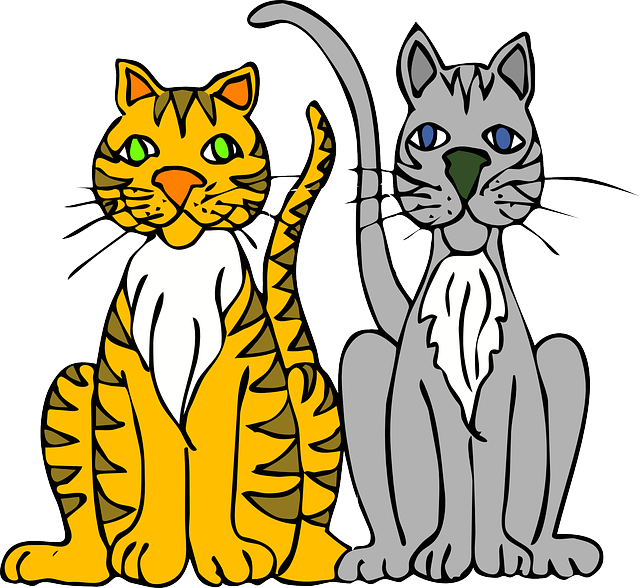 Stripes Cat, Gray, Brown, Two, Yellow, White, Cartoon, - Cats Clipart (640x588)