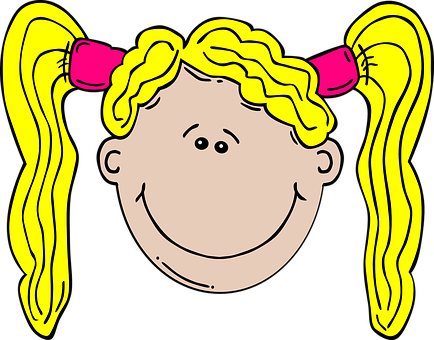 Girl, Blonde, Happy, Smile, Pigtails - Girl Boy Cartoon Face (434x340)