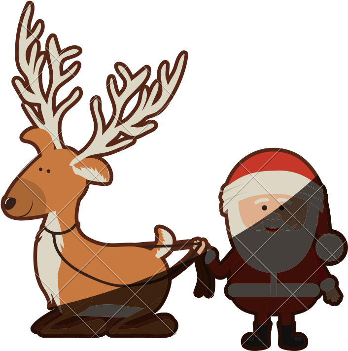 Reindeer Holding By Rope To Santa Claus - Cartoon (800x800)