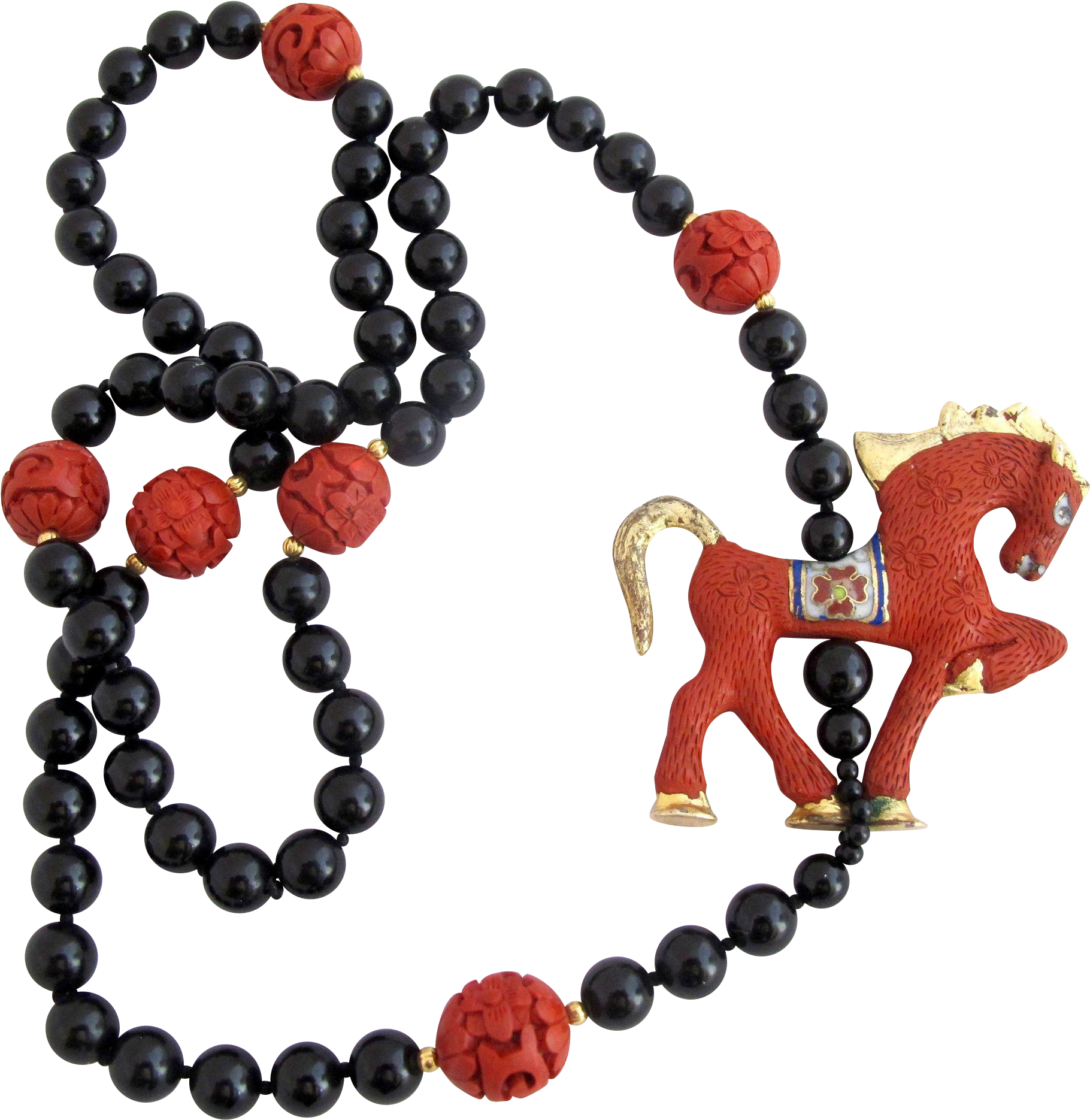 Vintage Chinese Cinnabar Horse And Black Bead Necklace - Bead (1869x1869)