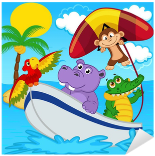 Animals On Boat Ride With Monkey On Hang Glider - Cartoon (400x400)