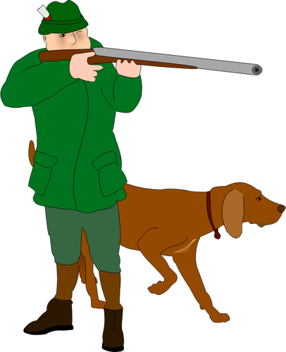 Hunter With Scent Hound Vector Clip Art - Hunt Clipart (406x500)