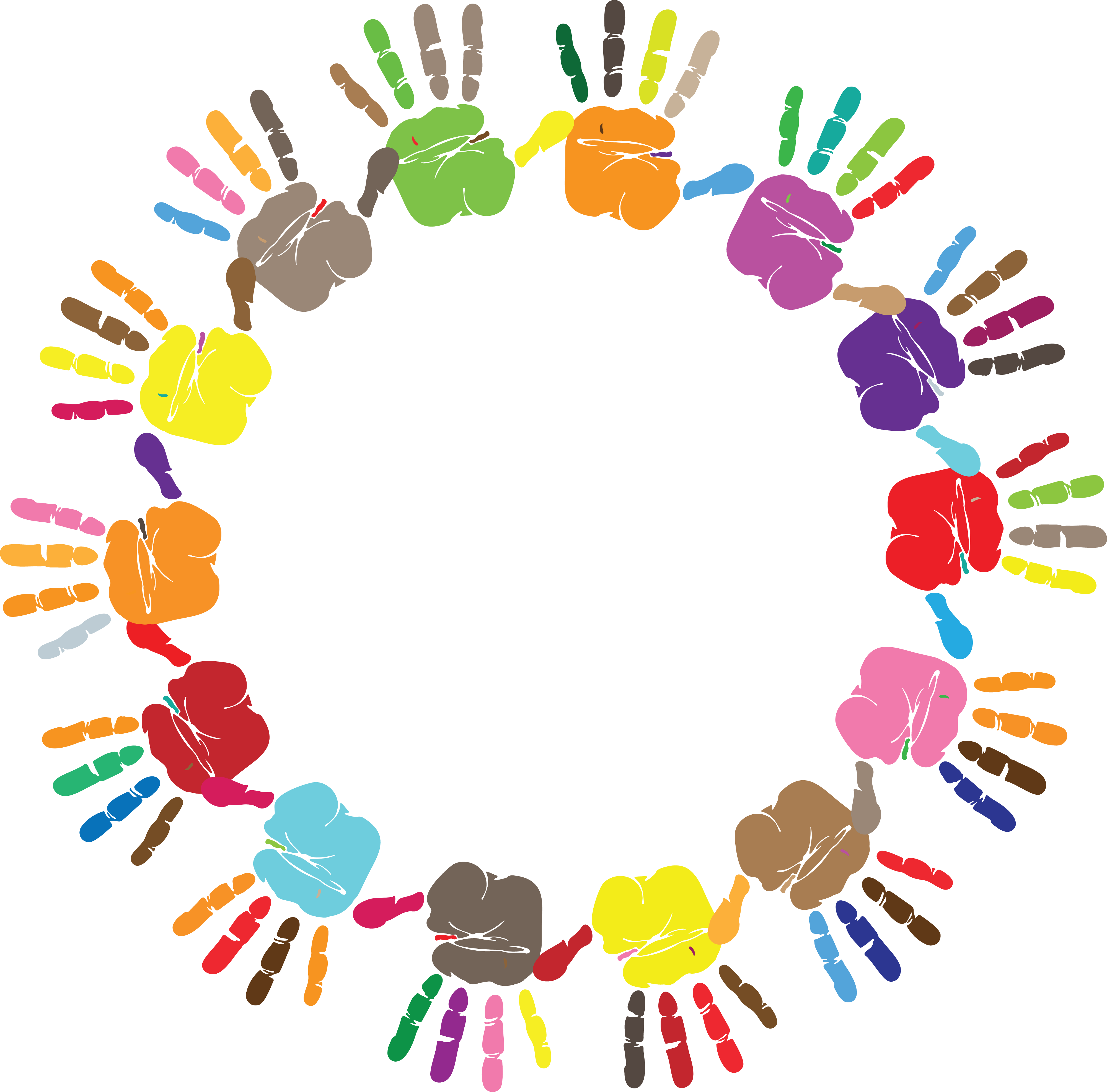 Free Clipart Of A Round Frame Of Handprints In Color - Handprint Circle Png (4000x3948)