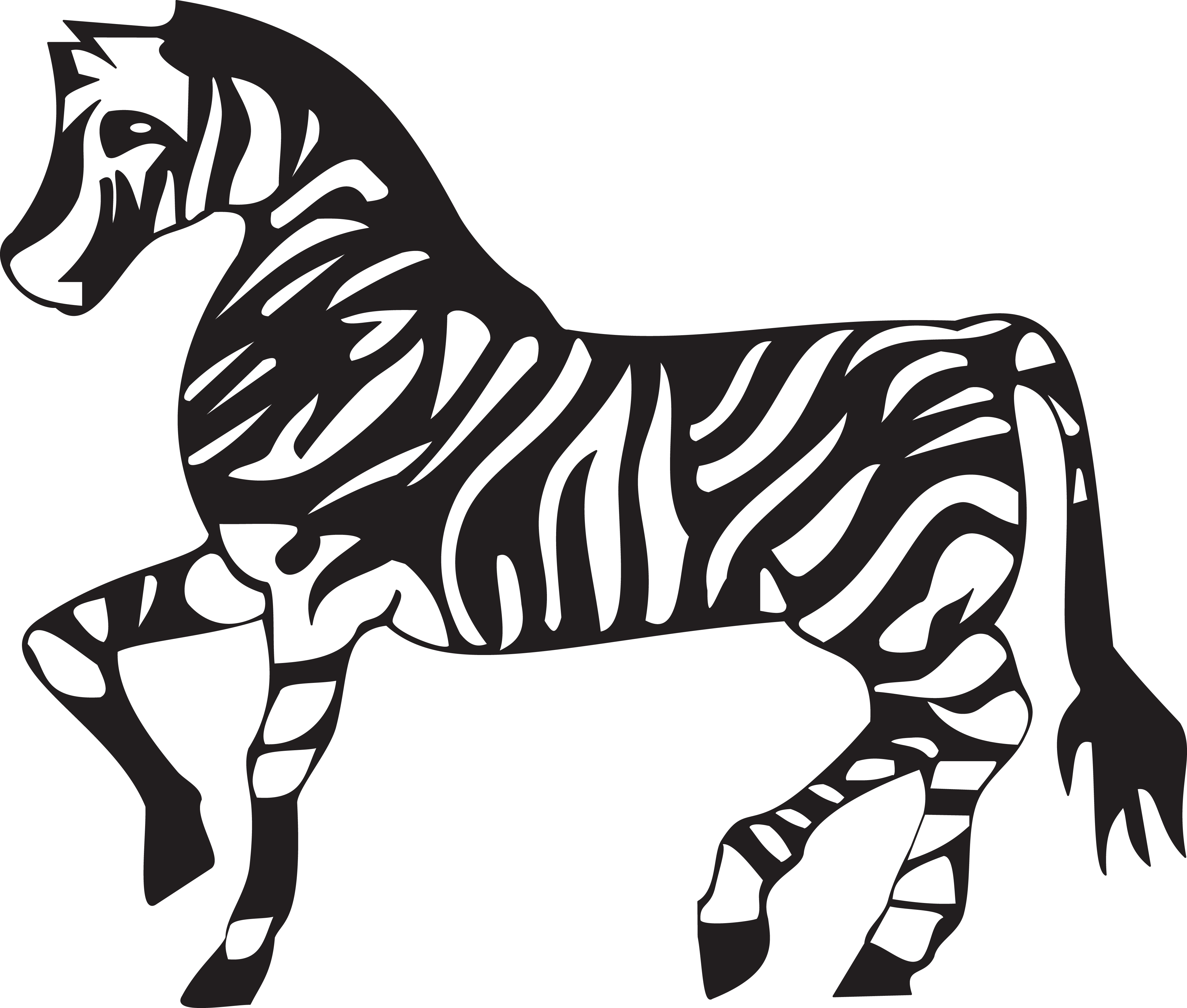 Free Clipart Of A Black And White Walking Zebra - Black And White Clipart Of Animals Walking (4000x3398)