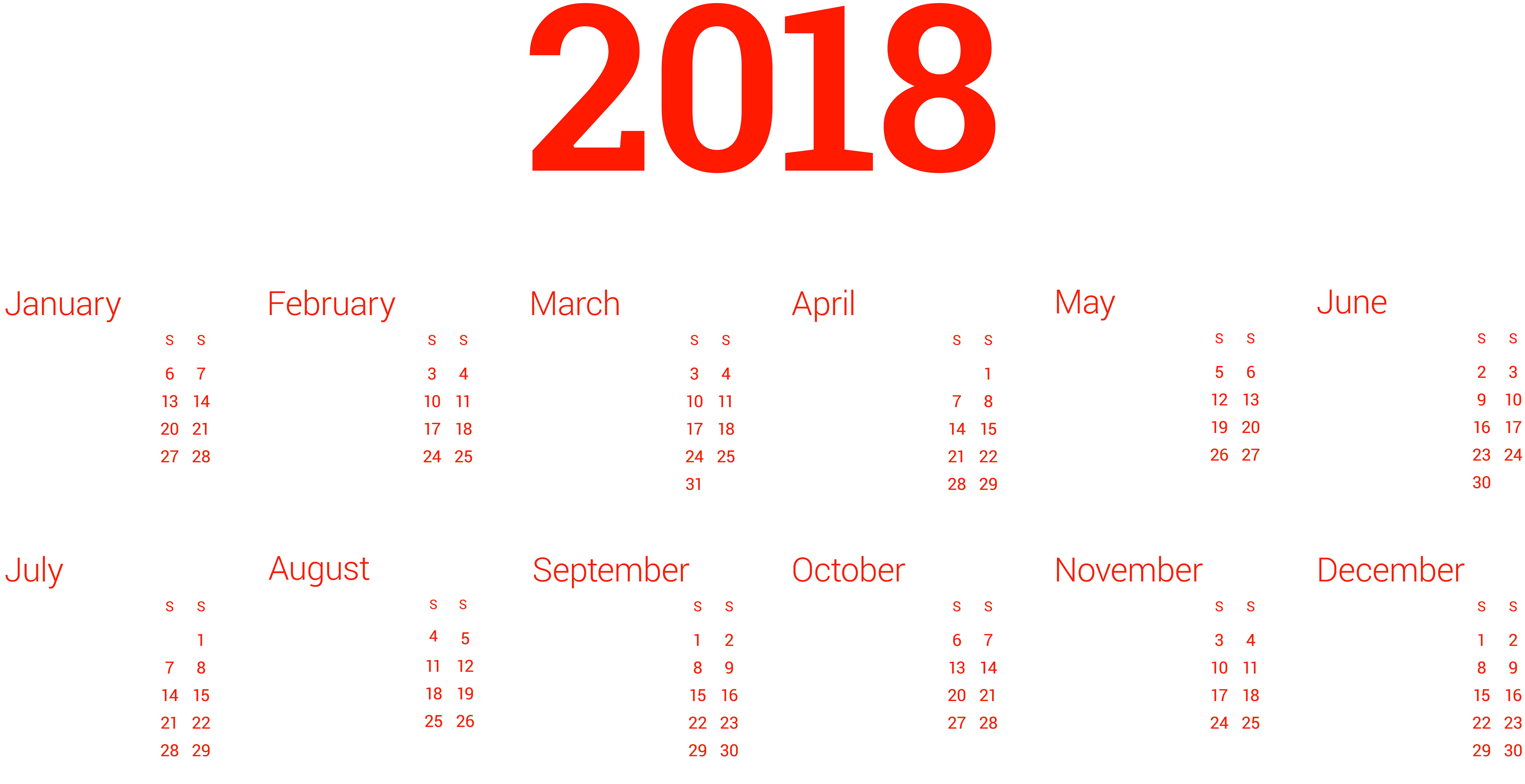 Free Clipart - 3 Column Calendar 2018 (8000x4160)
