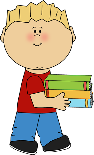 Little Boy Carrying A Stack Of Books Clip Art - Book Helper Clipart (303x500)