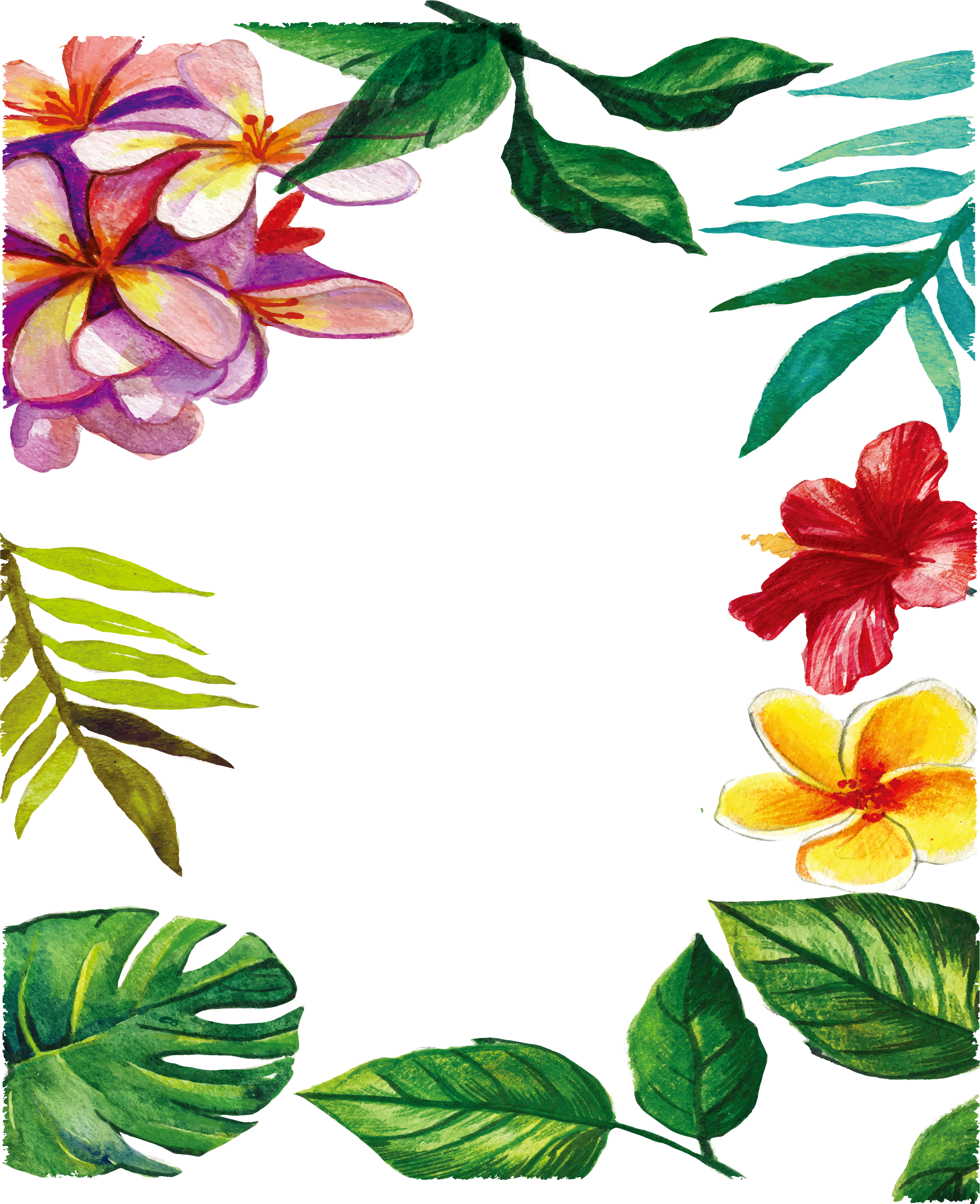 Watercolor Hand-painted Romantic Flowers Leaf Frame - Marco De Flores Y Hojas (2101x2582)