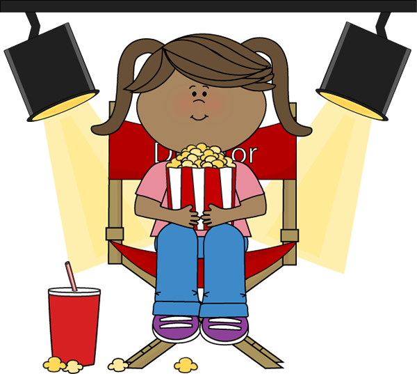 Girl Eating Popcorn In Directors Chair - Movie Theater (600x537)