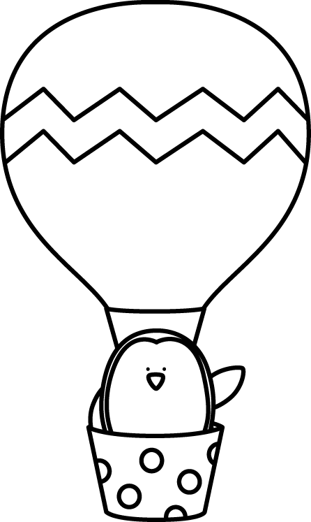 Black And White Penguin In A Hot Air Balloon Clip Art - Hot Air Balloon Clip Art Black And White (446x747)