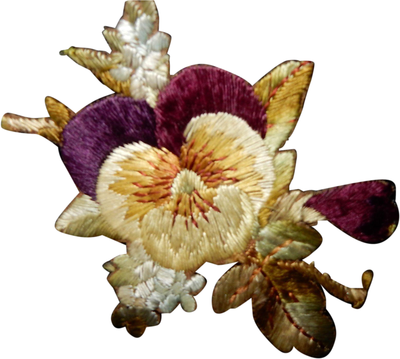 Antique Silk Embroidered Pansy Flower Applique - Chrysanths (1559x1559)