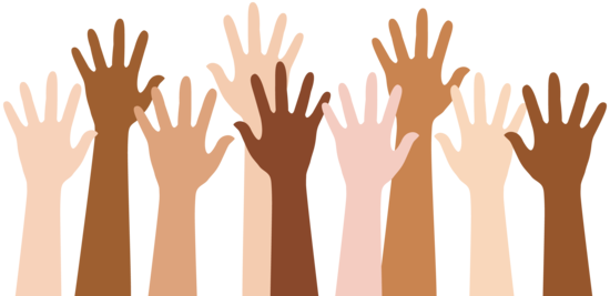 Diverse People Raising Hands - Hands Raised Clipart (550x267)