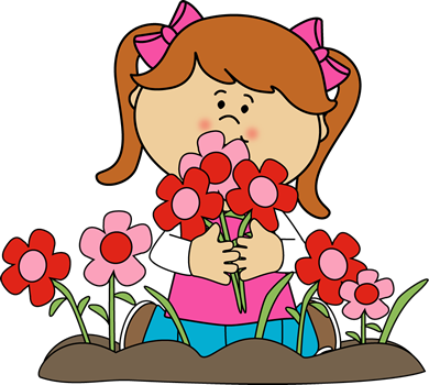 Girl Picking Valentine's Day Flowers Clip Art - Girl With Flowers Clipart (390x350)