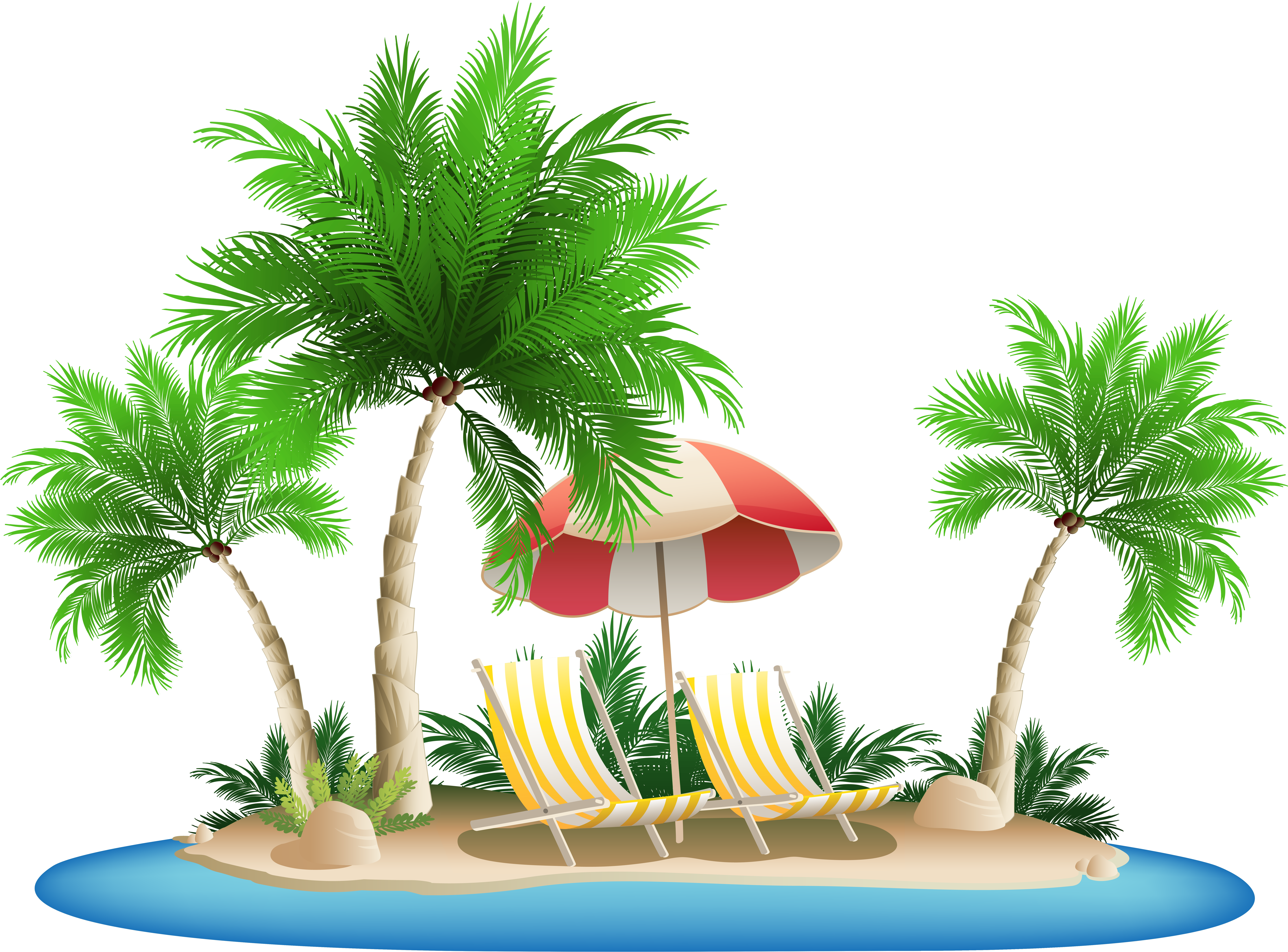 Beach Umbrella With Chairs And Palm Island Png Clipart - Palm Tree Beach Clipart (7477x5506)