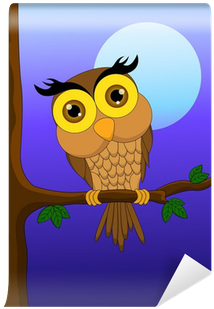 Cartoon Owl Sitting On Tree Branch With Moon Wall Mural - Branch (400x400)