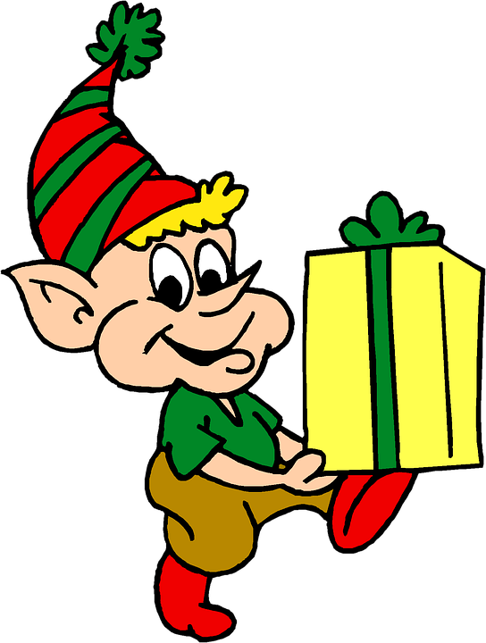 Free Christmas Elf Clipart - Elf And Gift Pillow Case (544x720)