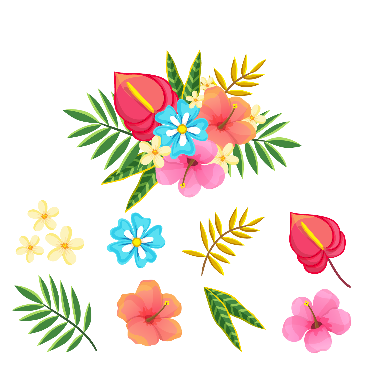 Tropical Flower And Leaf Vector - Vector Graphics (1500x1500)