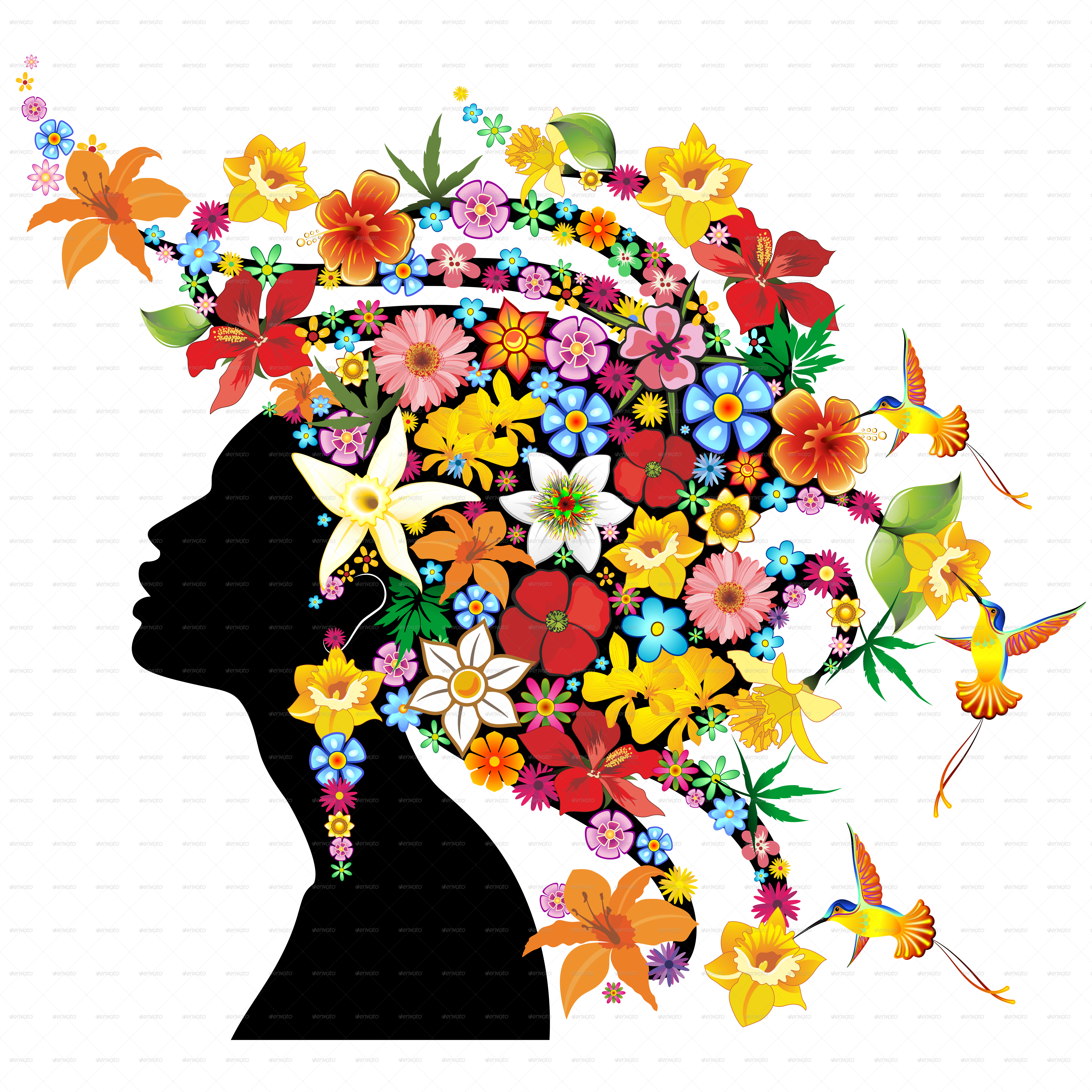 Exotic Girl Portrait With Flowers On Hair-jpg1000 - Flowers In Hair Cartoon (5000x5000)
