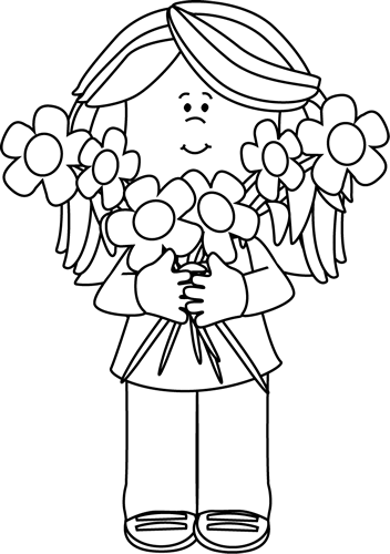 Black And White Girl Holding A Bunch Of Flowers - Florist Black And White (352x500)