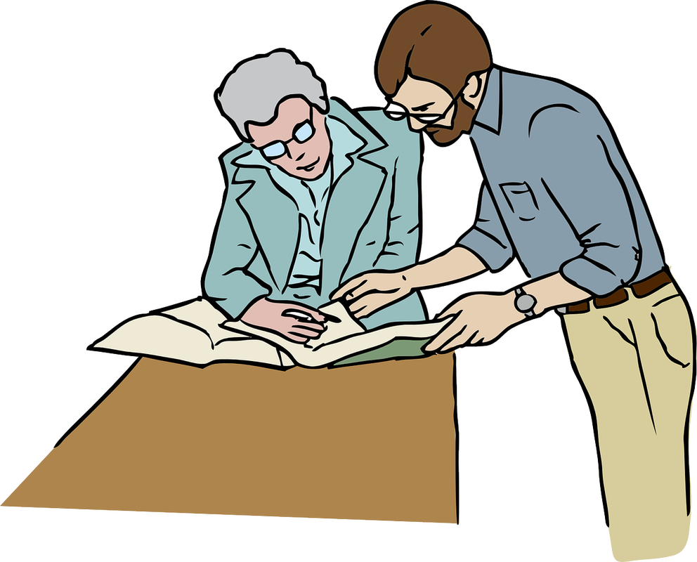 Clip Art Of Teacher Going Over Papers With A Student - Working In Office Clip Art (992x800)