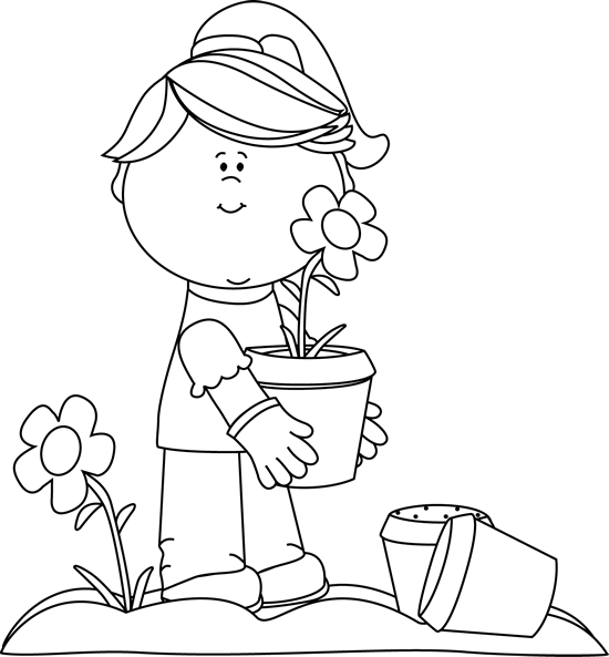 Black And White Girl Planting Flowers Clip Art Black - Plant Flowers Black And White Clipart (550x593)