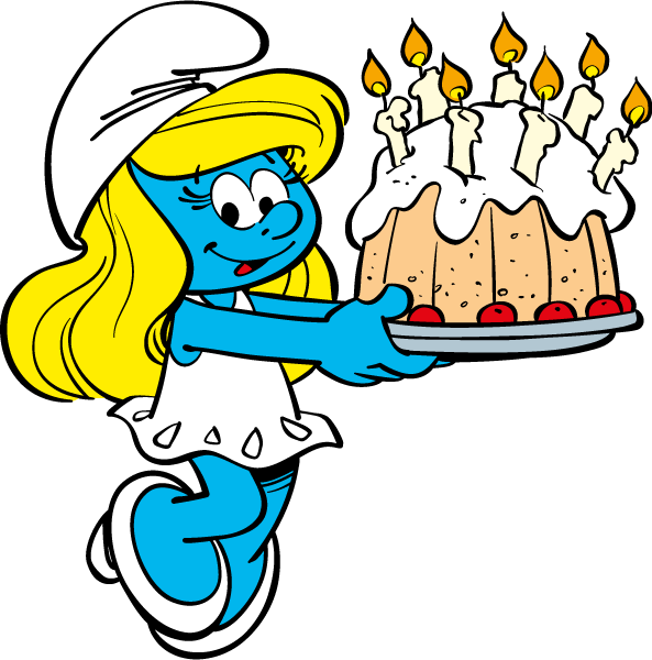 Smurfette With Cake - Buon Compleanno (593x600)