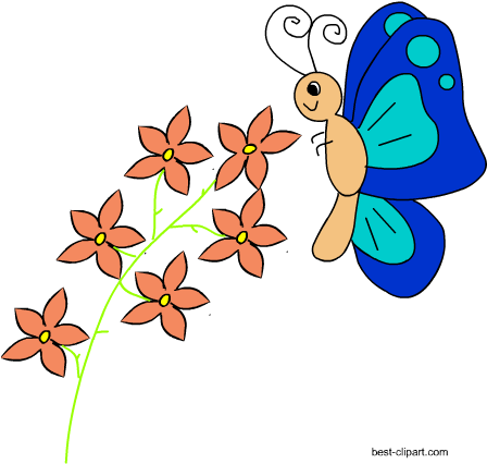 Blue Butterfly And Flowers Clip Art - Blue (450x450)