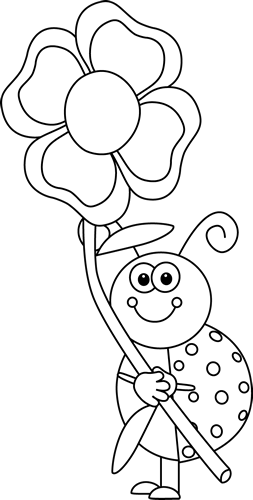 Black And White Laydbug Holding A Flower - Black And White Ladybug Flower (253x500)