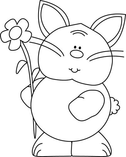 Black And White Cute Bunny With A Flower Clip Art - Cartoon (402x500)